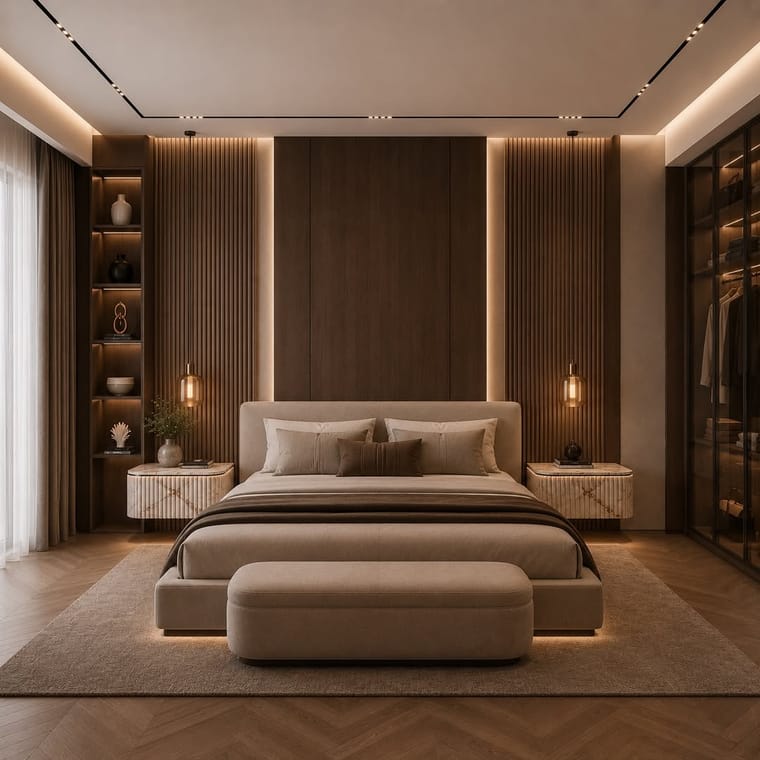 غرفة نوم — تصميم رقم ١٩: خلفية سرير وخزائن مدمجة