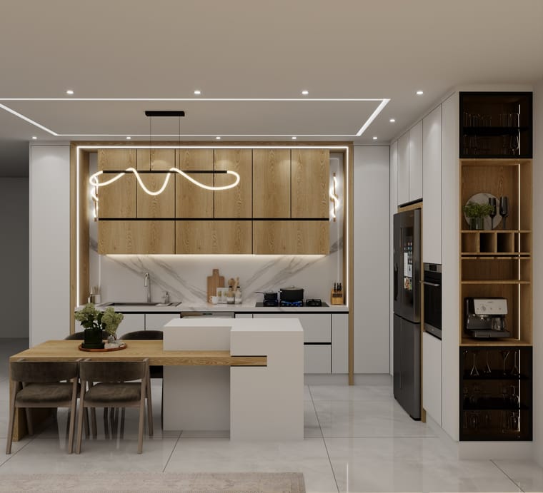مطبخ — تصميم رقم ٤: واجهات وخزائن وترتيب خط العمل