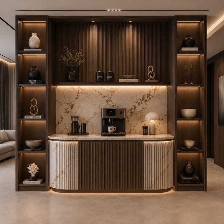 مطبخ — تصميم رقم ٥١: واجهات وخزائن وترتيب خط العمل