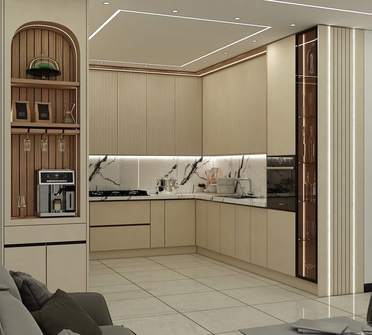مطبخ — تصميم رقم ٥٦: واجهات وخزائن وترتيب خط العمل