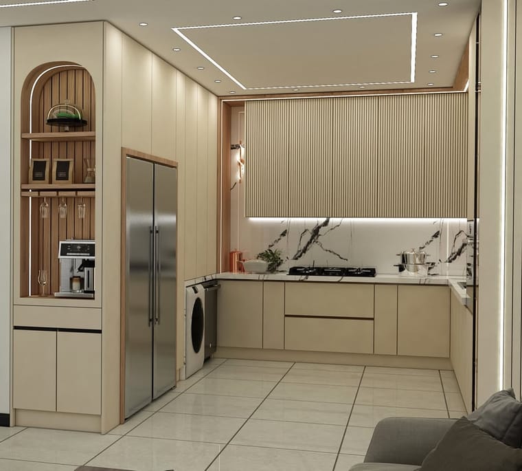مطبخ — تصميم رقم ٥٧: واجهات وخزائن وترتيب خط العمل
