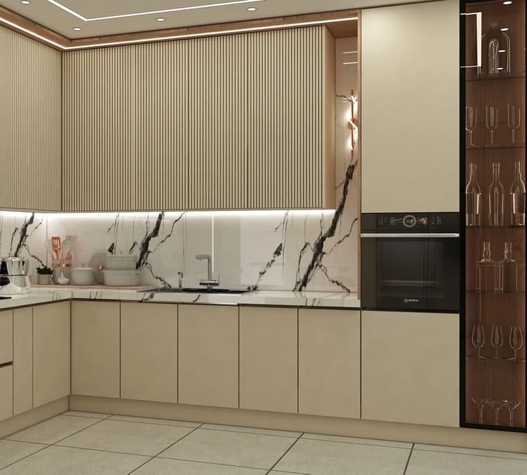 مطبخ — تصميم رقم ٥٨: واجهات وخزائن وترتيب خط العمل