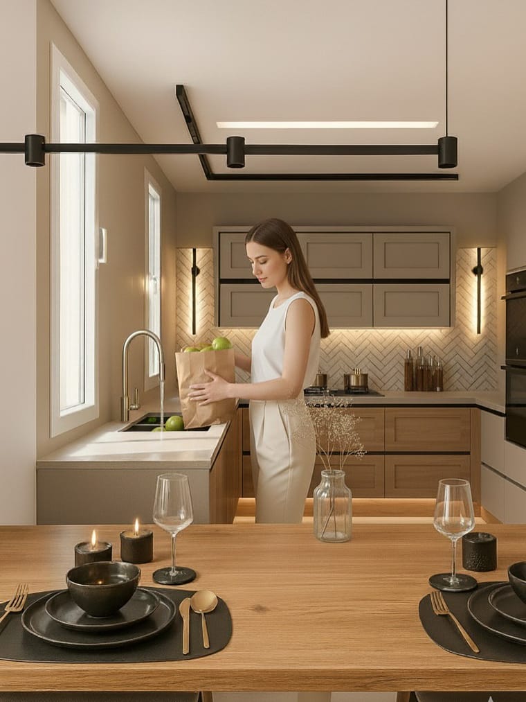 مطبخ — تصميم رقم ٦٢: واجهات وخزائن وترتيب خط العمل