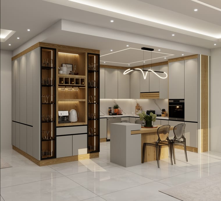 مطبخ — تصميم رقم ٧٩: واجهات وخزائن وترتيب خط العمل