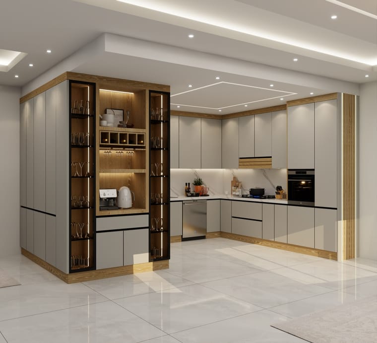 مطبخ — تصميم رقم ٨٣: واجهات وخزائن وترتيب خط العمل
