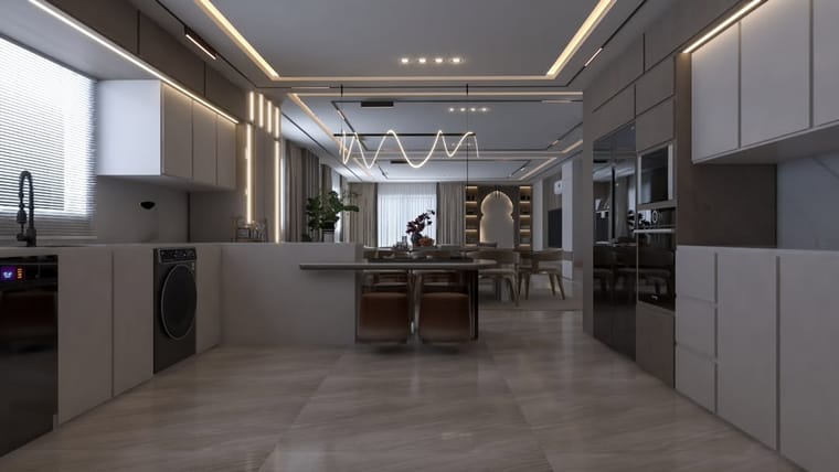 مطبخ — تصميم رقم ٨٦: واجهات وخزائن وترتيب خط العمل