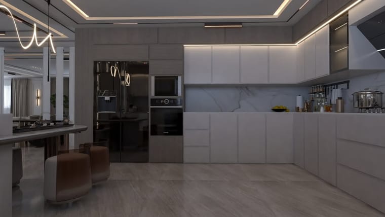 مطبخ — تصميم رقم ٨٨: واجهات وخزائن وترتيب خط العمل