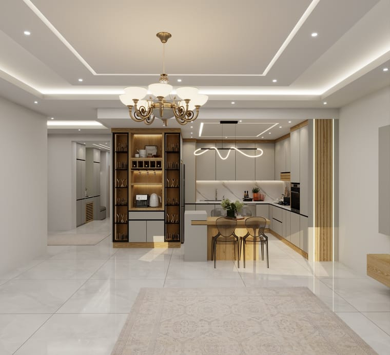 مطبخ — تصميم رقم ٨٩: واجهات وخزائن وترتيب خط العمل